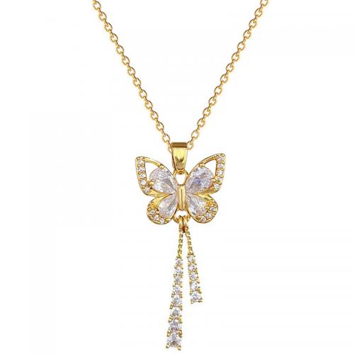 Brass Necklace with Titanium Steel with 2inch extender chain Butterfly real gold plated micro pave cubic zirconia & for woman & hollow Length Approx 15.7 Inch Sold By PC