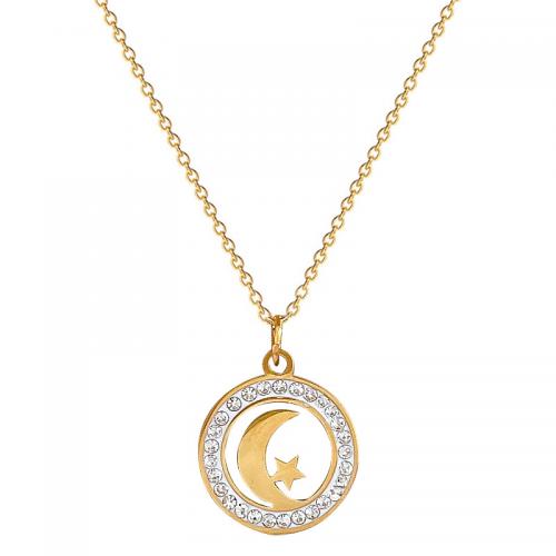 Titanium Steel Necklace with 2inch extender chain Moon and Star Vacuum Ion Plating for woman & with rhinestone & hollow Length Approx 15.7 Inch Sold By PC