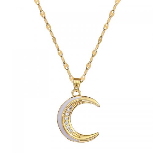 Латунь Ожерелье, с титан, с 2inch наполнитель цепи, Луна, плакированный настоящим золотом, Женский & эмаль & со стразами, длина Приблизительно 15.7 дюймовый, продается PC