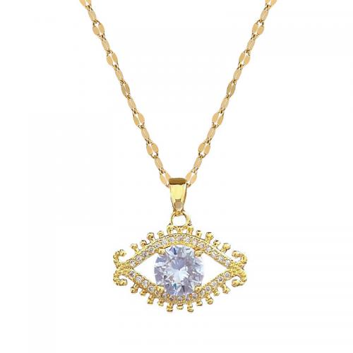 Brass Necklace, with Titanium Steel, with 2inch extender chain, Eye, real gold plated, micro pave cubic zirconia & for woman & hollow, Length:Approx 15.7 Inch, Sold By PC