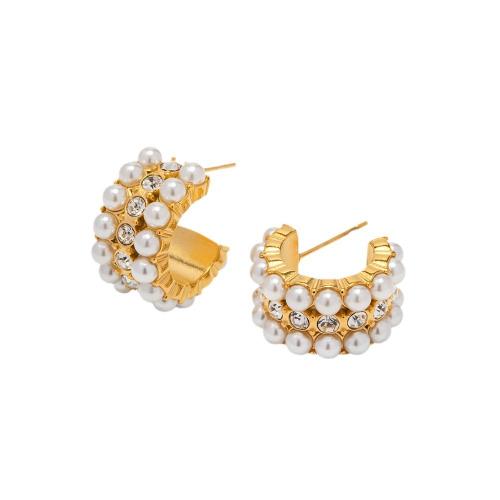 Stainless Steel Stud Earrings 304 Stainless Steel with Plastic Pearl 18K gold plated fashion jewelry & for woman & with rhinestone golden Sold By Pair
