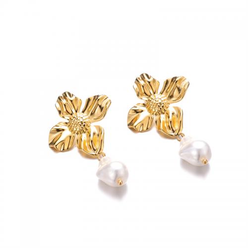 Edelstahl Tropfen Ohrring, 304 Edelstahl, mit Kunststoff Perlen, Modeschmuck & für Frau, goldfarben, 51x29mm, verkauft von Paar
