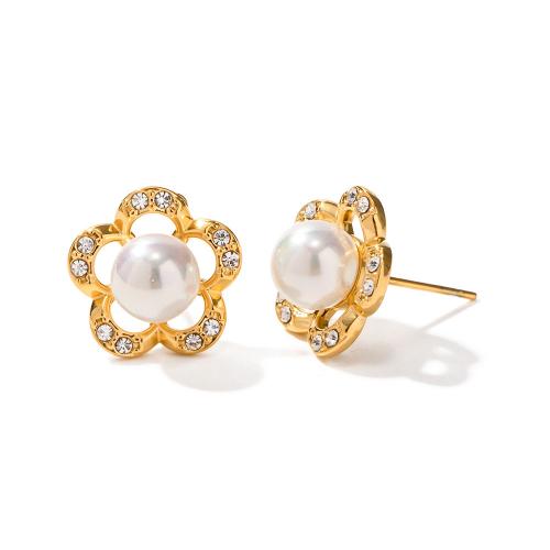 Stainless Steel Stud Earrings, 304 Stainless Steel, with Plastic Pearl, Flower, 18K gold plated, fashion jewelry & for woman & with rhinestone, golden, 15.10mm, Sold By Pair