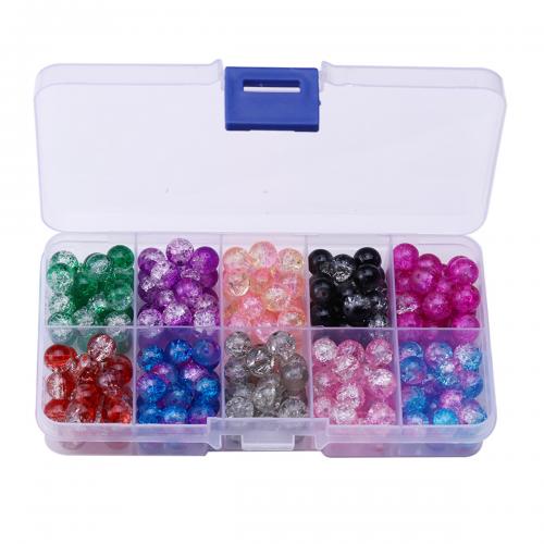 Fashion Glass Beads, with Plastic Box, Round, DIY & 10 cells & crackle, mixed colors, box:13x6.8x2.2cm,beads:8mm, Approx 200PCs/Box, Sold By Box