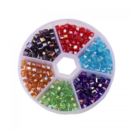 Abalorios de Cristal, Vidrio, con Caja de plástico, Cuadrado, Bricolaje & 6 celdas, color mixto, box:8x2cm,beads:6mm, aproximado 180PCs/Caja, Vendido por Caja