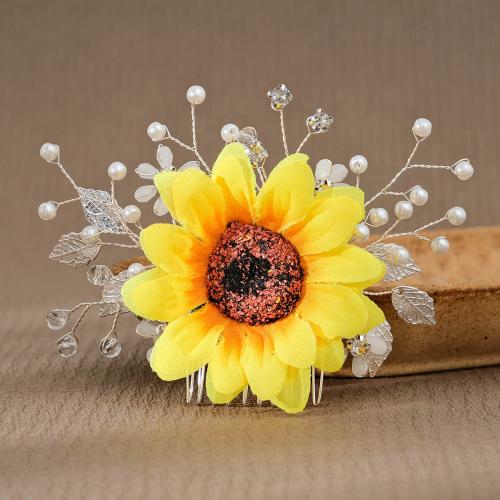 Dekoratives Haarkämmchen, Zinklegierung, mit Stoff & Kunststoff Perlen, Sonnenblume, goldfarben plattiert, für Braut & mit Strass, gelb, 120x85mm, verkauft von PC