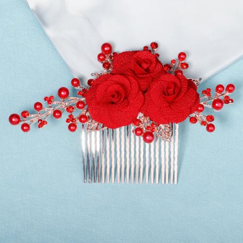 Peignes décoratifs, alliage de zinc, avec tissu & résine, fleur, Placage de couleur argentée, pour femme & avec strass, rouge, 150x100mm, Vendu par PC