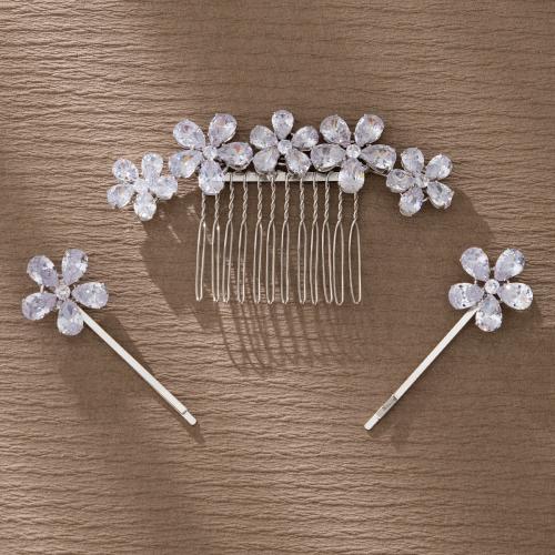 Mixed Hair Accessories hair slide & hair comb Zinc Alloy Flower silver color plated for woman & with rhinestone Sold By Set