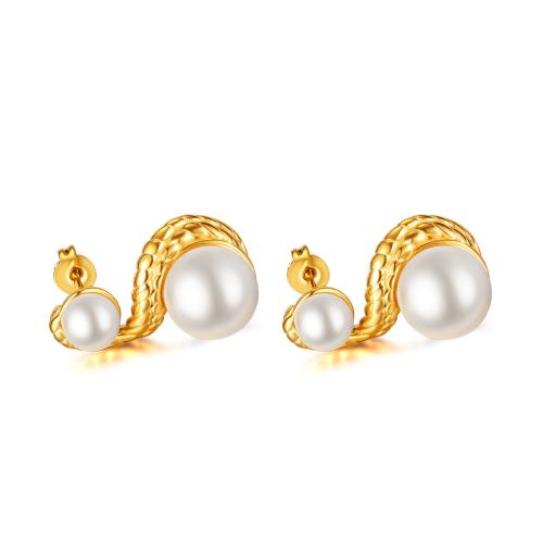 Stainless Steel Stud Earrings, 304 Stainless Steel, with Plastic Pearl, gold color plated, fashion jewelry & for woman, nickel, lead & cadmium free, 22x13mm, Sold By Pair