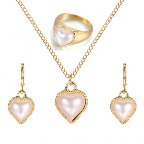 Zinc Alloy Jewelry Sets finger ring & earring & necklace with Plastic Pearl Heart three pieces & fashion jewelry & for woman nickel lead & cadmium free Sold By Set