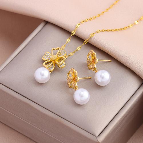 Brass Jewelry Set with Plastic Pearl & 304 Stainless Steel Vacuum Ion Plating fashion jewelry & for woman & with rhinestone nickel lead & cadmium free Length Approx 45 cm Sold By PC