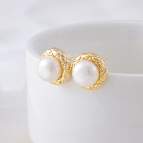 Stainless Steel Stud Earrings 304 Stainless Steel with Freshwater Pearl 18K gold plated fashion jewelry & for woman golden nickel lead & cadmium free 10mm Sold By Pair