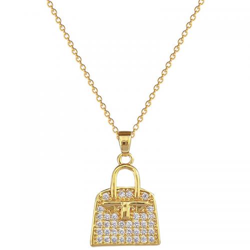 Titanium Steel Necklace, with Brass, with 2inch extender chain, Handbag, real gold plated, micro pave cubic zirconia & for woman, Length:Approx 15.7 Inch, Sold By PC