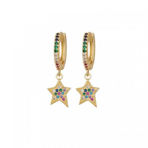 laiton Boucles d'oreilles pendantes Hoop Huggie, étoile, Plaqué d'or, pavé de micro zircon & pour femme, 15x30mm, Vendu par paire