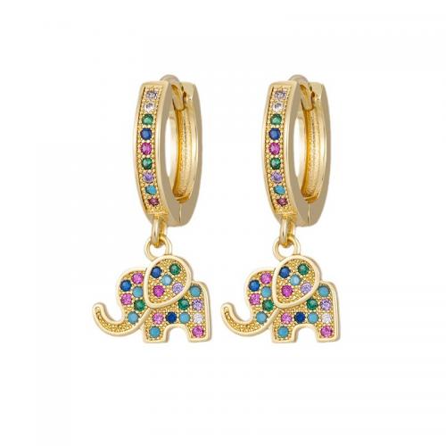 Brass Huggie Hoop Drop Earring, Elephant, real gold plated, micro pave cubic zirconia & for woman, 15x30mm, Sold By Pair