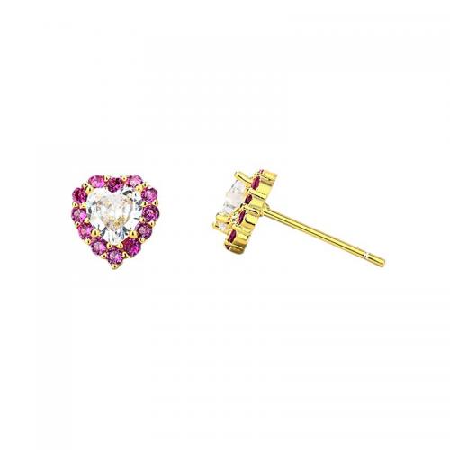 Brass Stud Earring Heart real gold plated micro pave cubic zirconia & for woman Sold By Pair