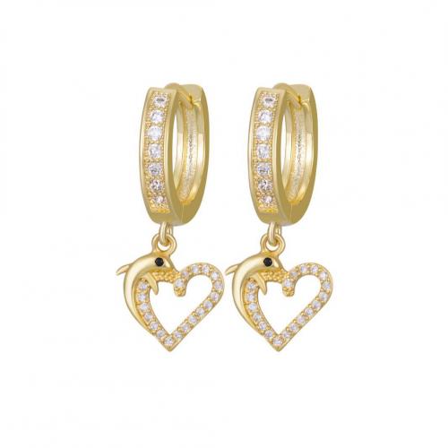Brass Huggie Hoop Drop Earring Heart real gold plated micro pave cubic zirconia & for woman & hollow Sold By Pair