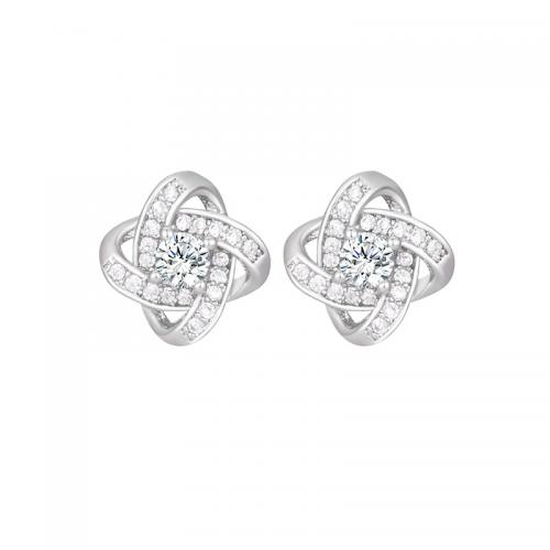 Brass Stud Earring Four Leaf Clover platinum plated micro pave cubic zirconia & for woman & hollow 10mm Sold By Pair