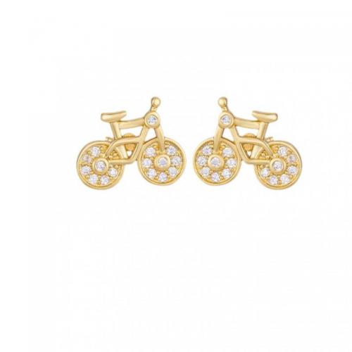 Brass Stud Earring, Bike, real gold plated, micro pave cubic zirconia & for woman, more colors for choice, 15mm, Sold By Pair