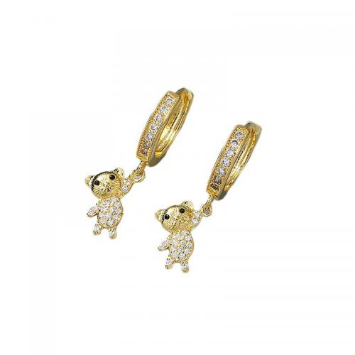 Brass Huggie Hoop Drop Earring Bear real gold plated micro pave cubic zirconia & for woman Sold By Pair