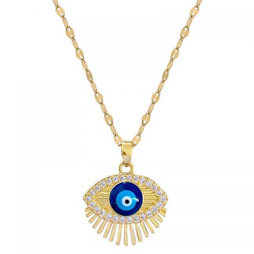 Brass Necklace with Titanium Steel with 2inch extender chain Evil Eye real gold plated for woman & enamel & with rhinestone Length Approx 15.7 Inch Sold By PC