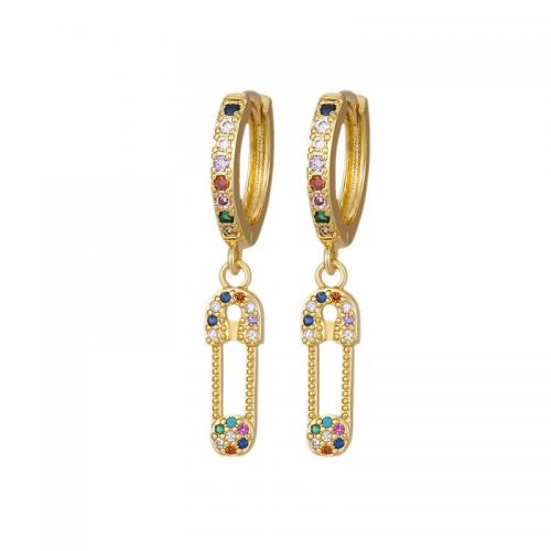 Brass Huggie Hoop Drop Earring Paper Clip real gold plated micro pave cubic zirconia & for woman & hollow Sold By Pair