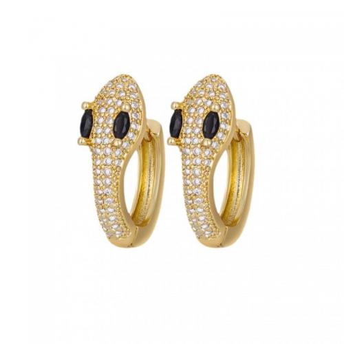 Brass Huggie Hoop Earring, Snake, real gold plated, micro pave cubic zirconia & for woman, 20mm, Sold By Pair