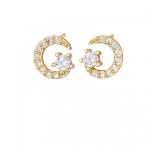 Brass Stud Earring Moon and Star real gold plated micro pave cubic zirconia & for woman 10mm Sold By Pair