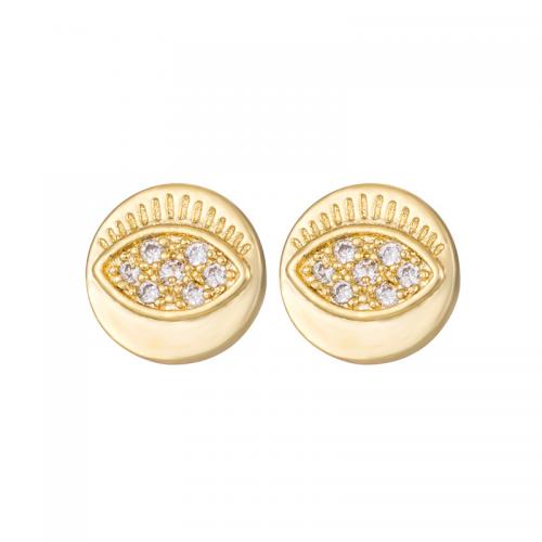 Brass Stud Earring Evil Eye real gold plated micro pave cubic zirconia & for woman 10mm Sold By Pair