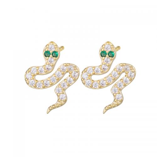 Brass Stud Earring Snake real gold plated micro pave cubic zirconia & for woman Sold By Pair
