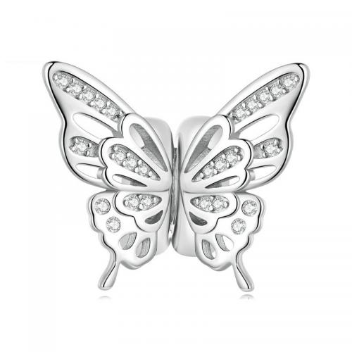 925 Sterling Silver Stopper Beads Butterfly platinum plated DIY & micro pave cubic zirconia & large hole nickel lead & cadmium free Sold By PC