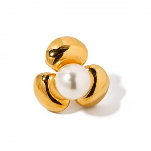 Stainless Steel Finger Ring 304 Stainless Steel with Plastic Pearl Flower 18K gold plated fashion jewelry & for woman golden inner diameter 17.3mm width 32.6mm US Ring Sold By PC