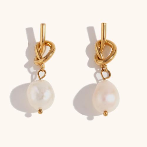 Stainless Steel Drop Earring 316L Stainless Steel with Freshwater Pearl 18K gold plated fashion jewelry & for woman golden Sold By Pair