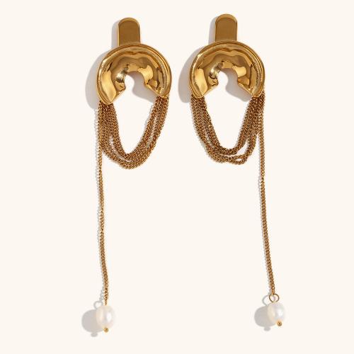 Fashion Fringe Earrings 316L Stainless Steel with Plastic Pearl 18K gold plated fashion jewelry & for woman golden Sold By Pair