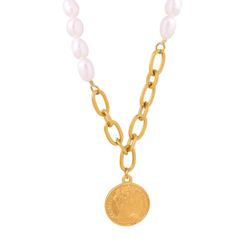 Titanstahl Halskette, mit Natürliche kultivierte Süßwasserperlen, mit Verlängerungskettchen von 5cm, Modeschmuck & für Frau, goldfarben, 20x23mm, Länge ca. 45 cm, verkauft von PC