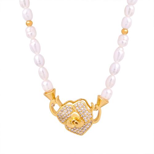 Titanstahl Halskette, mit Tschechisch & Natürliche kultivierte Süßwasserperlen & Messing, mit Verlängerungskettchen von 7cm, Modeschmuck & für Frau, goldfarben, 15mm, Länge:ca. 38 cm, verkauft von PC