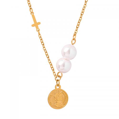 Colar de aço titânio, Partículas de aço, with Shell Pearl, with 5cm extender chain, joias de moda & para mulher, dourado, 10mm, comprimento Aprox 36 cm, vendido por PC