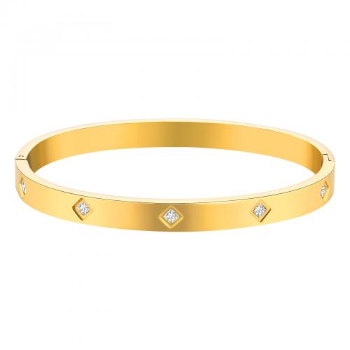 Stainless Steel Bangle 304 Stainless Steel gold color plated fashion jewelry & micro pave cubic zirconia & for woman nickel lead & cadmium free Inner diameter :60mm width :6mm. Sold By PC