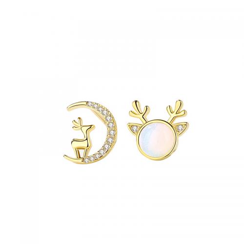 925 Sterling Silver Stud Earrings, with Moonstone, plated, micro pave cubic zirconia & for woman, golden, Moon: 9.3 x 11.3 mm, Elk: 11x 10.5 mm, Sold By Pair