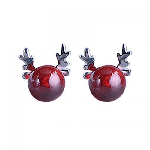 925 Sterling Silver Stud Earrings, with Garnet, Antlers, plated, for woman, platinum color, 9mm, Sold By Pair