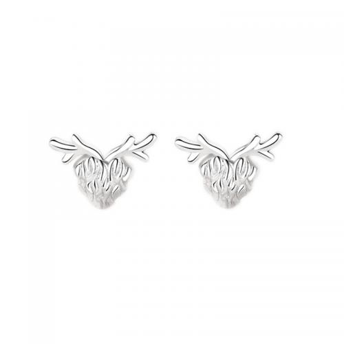 925 Sterling Silver Stud Earrings, Antlers, plated, for woman, platinum color, 7x11mm, Sold By Pair