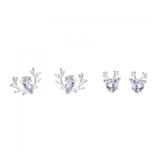 Cubic Zirconia Micro Pave Sterling Silver Earring, 925 Sterling Silver, Antlers, plated, different styles for choice & micro pave cubic zirconia & for woman, more colors for choice, Sold By Pair