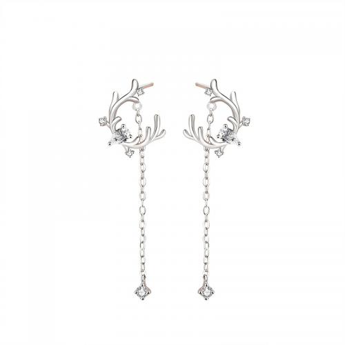 Cubic Zirconia Micro Pave Sterling Silver Earring 925 Sterling Silver Antlers plated micro pave cubic zirconia & for woman platinum color Sold By Pair