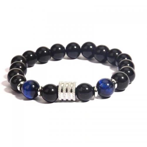Obsidienne bracelet, avec fil élastique & oeil de tigre & alliage de zinc, Rond, Placage de couleur argentée, bijoux de mode & pour homme, plus de couleurs à choisir, Longueur:Environ 7 pouce, Vendu par PC