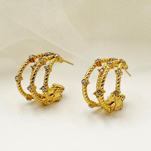 304 Stainless Steel Stud Earring Geometrical Pattern gold color plated for woman & with rhinestone & hollow Sold By Pair