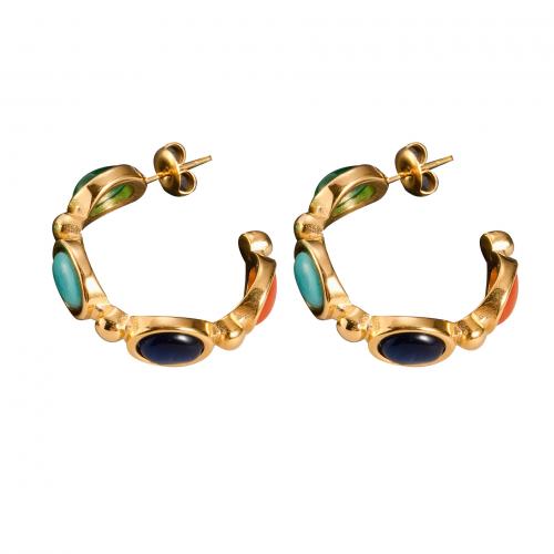 304 rustfrit stål Stud Earring, med Resin, Letter C, guldfarve belagt, mode smykker & for kvinde, 30x30mm, Solgt af par