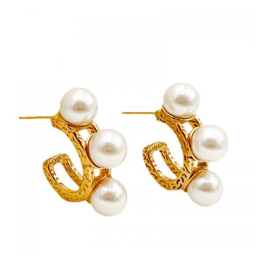 304 Stainless Steel Stud Earring with Plastic Pearl Letter C gold color plated for woman & hollow Sold By Pair