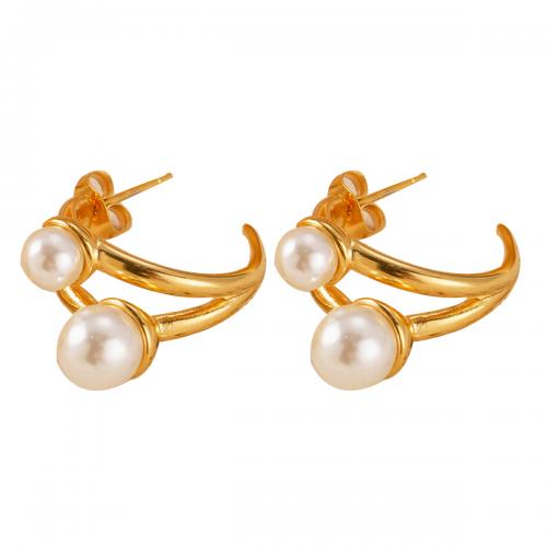 304 Stainless Steel Stud Earring, with Plastic Pearl, 18K gold plated, different styles for choice & for woman, 26x18mm, Sold By Pair