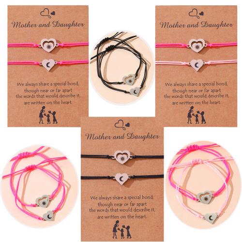 316L Stainless Steel Bracelet Set, with Korean Waxed Cord, Heart, 2 pieces & for woman & hollow, more colors for choice, Length:Approx 6.3-11 Inch, Sold By Set