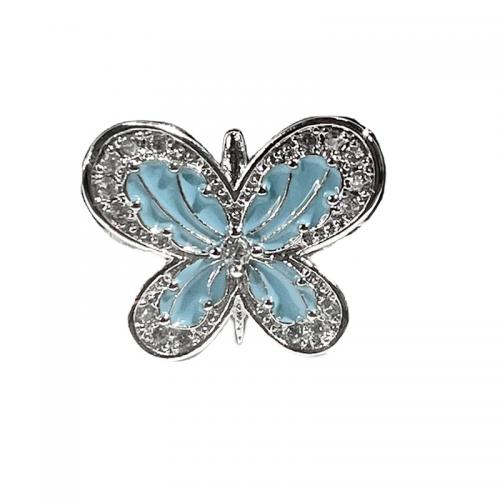 Brass Cuff Finger Ring Butterfly platinum color plated micro pave cubic zirconia & for woman & enamel US Ring Sold By PC